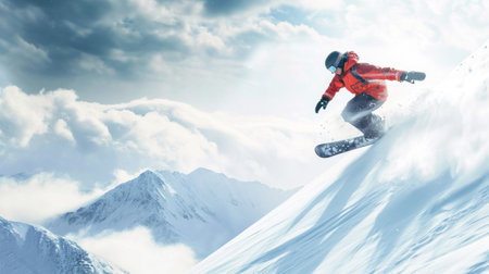Snowboarding advertising background with copy space.の素材