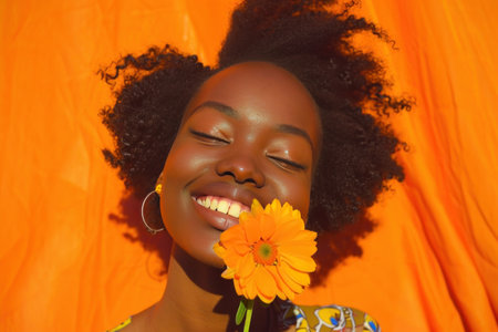 smiling african american woman holds up flower,.の素材