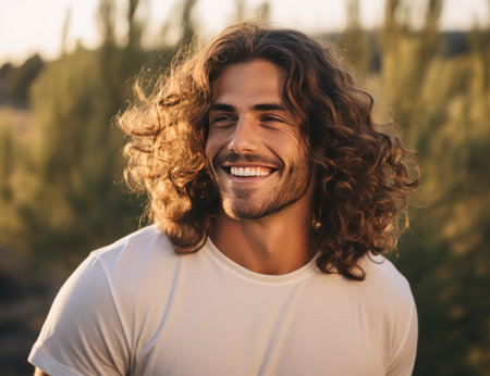 a man with long curly hair smiling while smiling.の素材