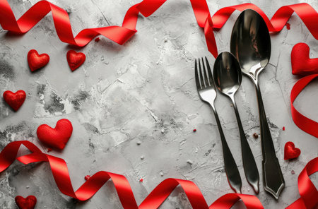 a fork and spoon surrounded by red ribbons and hearts.の素材