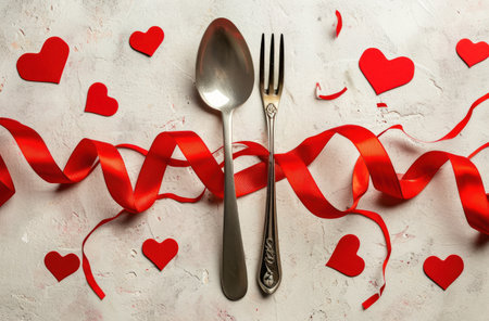 a fork and spoon surrounded by red ribbons and hearts.の素材