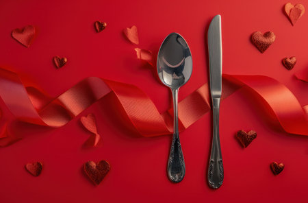 a fork and spoon surrounded by red ribbons and hearts.の素材