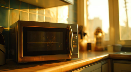 a microwave on a counter near a window.の素材