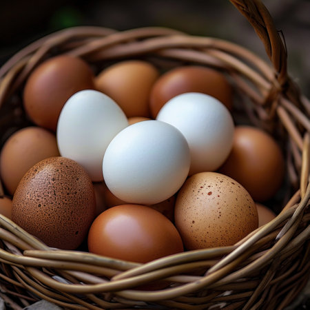 an empty basket holding white, brown, and mixed eggs.の素材