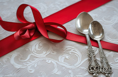 a silver spoon and fork are next to a red ribbon.の素材