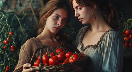 a woman holding tomatoes in a basket with another woman.の素材