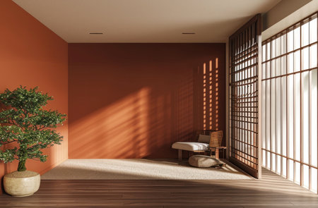 a room has a brown wall and a wood panel.の素材