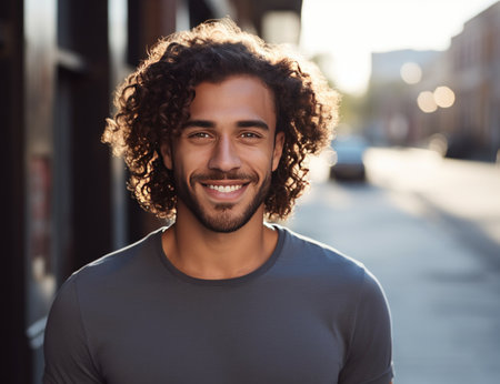 a smiling man with long curly hair.の素材
