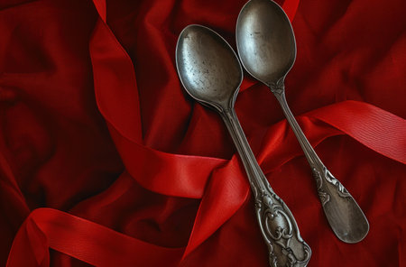 a silver spoon and fork are next to a red ribbon.の素材