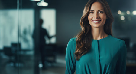 an attractive woman standing in a classroom and smiling.の素材