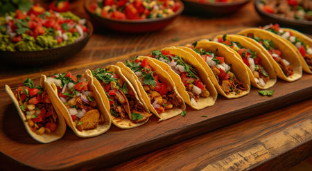 a variety of tacos is on a wooden tray.の素材