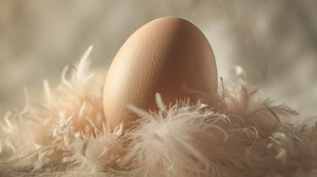 an egg with feathers and feathers on a surface.の素材