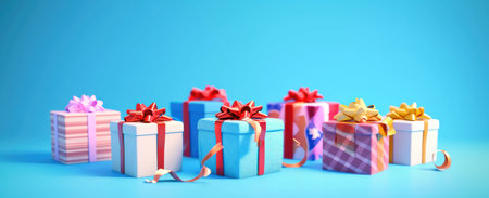 a series of colorful, round gift boxes on a background.の素材