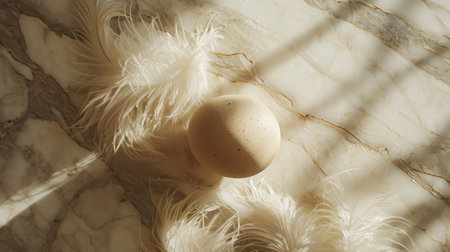 egg laying on the floor with bird feathers.の素材