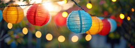 colorful paper lanterns light up a string in a colorful design.の素材