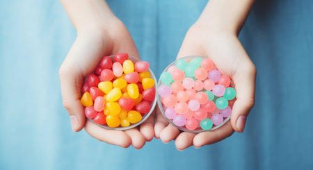 colorful candies are held in the hands of two women.の素材