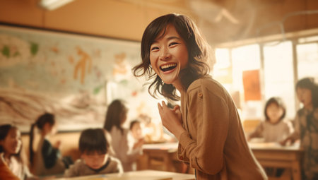 Asian teacher smiling in classroom as child smiles and claps.の素材