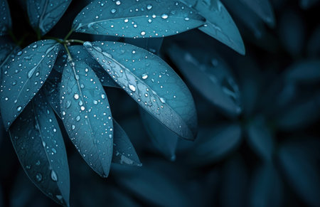 blue leaf with rain droplets in the background.の素材