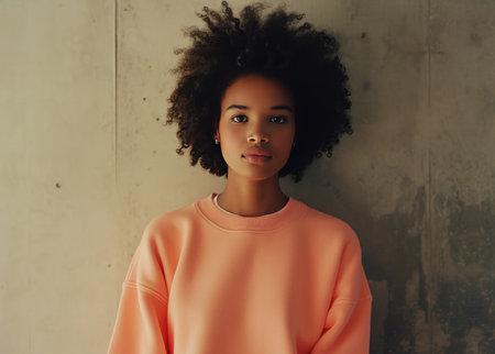 image of woman wearing a pink sweatshirt.の素材