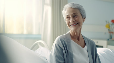 senior female smiles in a room of hospital.の素材