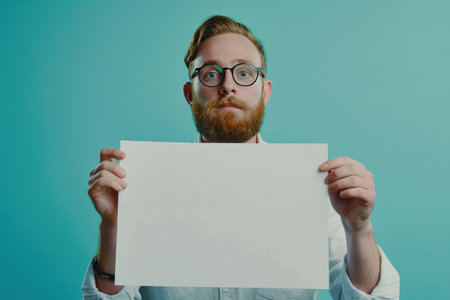man holding up a blank paper.の素材