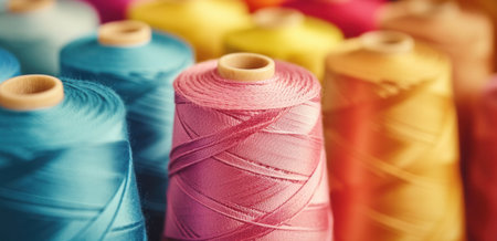 multiple colors of spools of threads are displayed close together.の素材