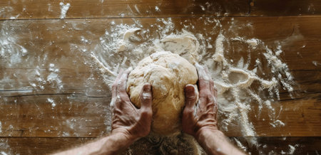 a person kneads a ball of dough on a wooden surface,.の素材
