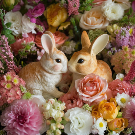 Adorable Rabbit Figurines Amidst Fresh Spring Flower Arrangements.の素材