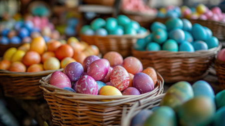 Baskets Filled with Colorful Eggs Galore.の素材