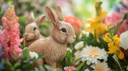 Adorable Rabbit Figurines Amidst Fresh Spring Flower Arrangements.の素材