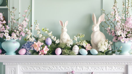 A fireplace mantel adorned with Easter-themed decor.の素材