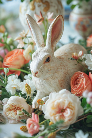 Adorable Rabbit Figurines Amidst Fresh Spring Flower Arrangements.の素材