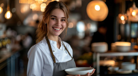 a waitress holding a plate of food.の素材