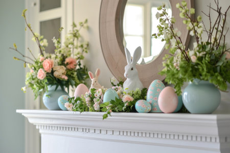 A fireplace mantel adorned with Easter-themed decor.の素材