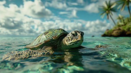 a turtle sits on top of a tropical ocean.の素材
