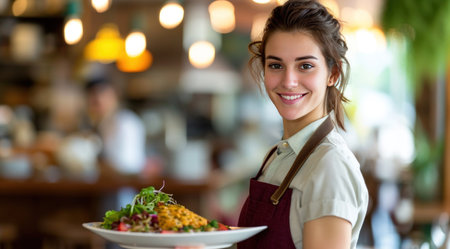a waitress holding a plate of food.の素材