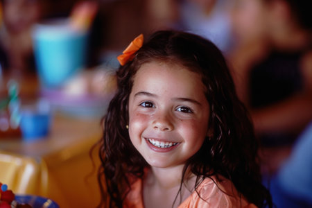 a young girl smiles at a birthday party.の素材