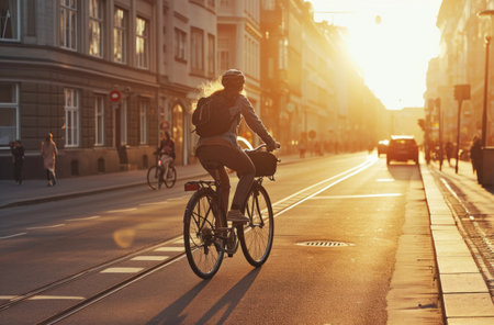 female cyclist riding a bike on city street during sunrise.の素材