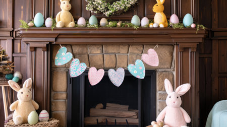 Pastel Bunny Banners and Egg Accents Adorn Festive Fireplace Display.の素材