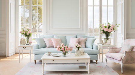 A beautifully decorated living room, adorned with pastel-colored cushions, throws.の素材