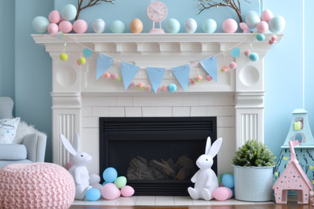 Pastel Bunny Banners and Egg Accents Adorn Festive Fireplace Display.の素材