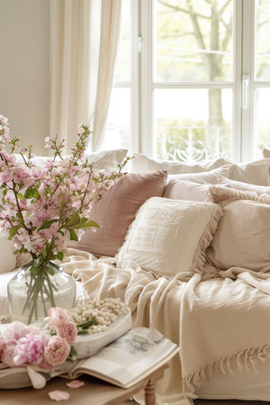 A beautifully decorated living room, adorned with pastel-colored cushions, throws.の素材