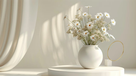 A white vase filled with daisies sits atop a table in a bright room.の素材