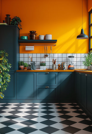 A dining room featuring a checkered floor and walls painted in a vibrant shade of orange.の素材