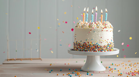 A birthday cake covered in white frosting and colorful sprinkles, ready to be enjoyed at a celebration.の素材