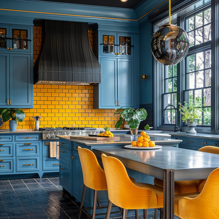 A kitchen with bright yellow tiles and modern blue cabinets. The design combines classical and contemporary elements in a unique way.の素材
