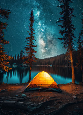 A tent is pitched on the shore of a lake as the night sky above is filled with stars.の素材