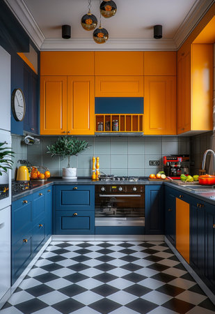 A dining room featuring a checkered floor and walls painted in a vibrant shade of orange.の素材