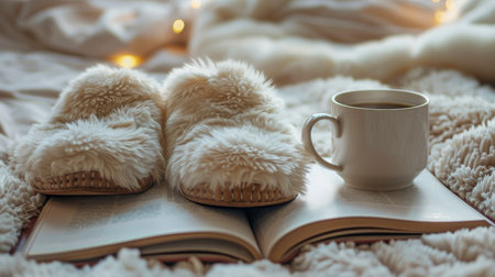A pair of slippers are placed on top of an open book.の素材