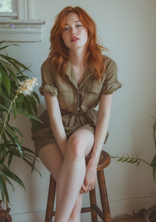 A woman with red hair is seated on a stool.の素材